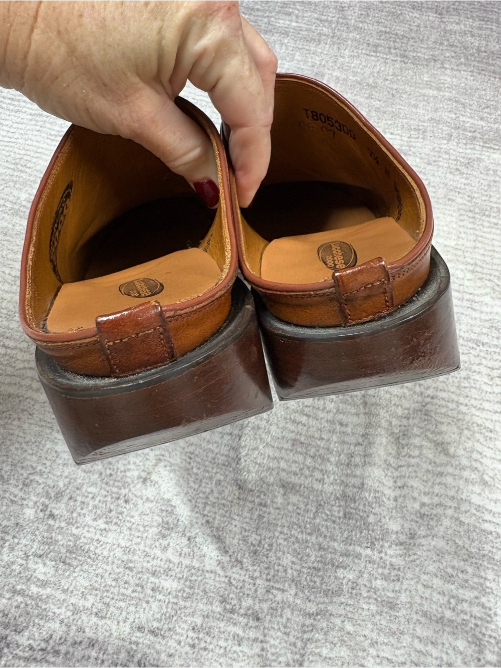 Vintage Lucchese Leather Tooled Western Mules Brown Black Square Toe Block Heel - Picture 6 of 10